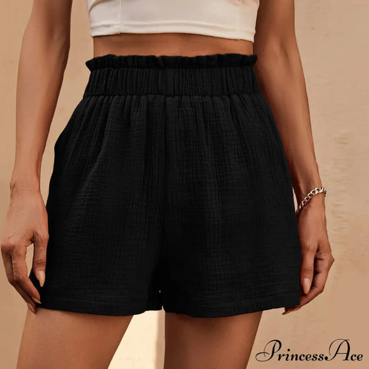 Cotton Double Layered Pleats Hem Straight Leg High Waist Sports Short Black / S