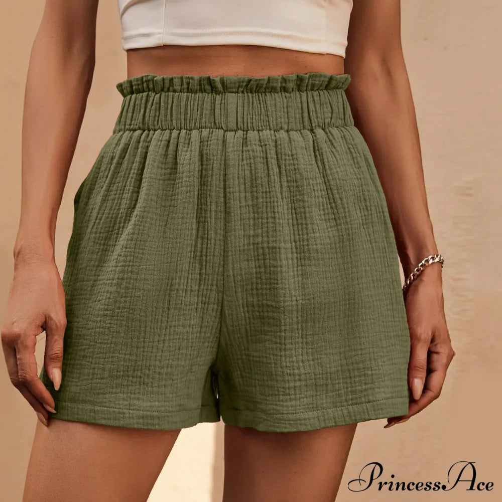 Cotton Double Layered Pleats Hem Straight Leg High Waist Sports Short Green / S