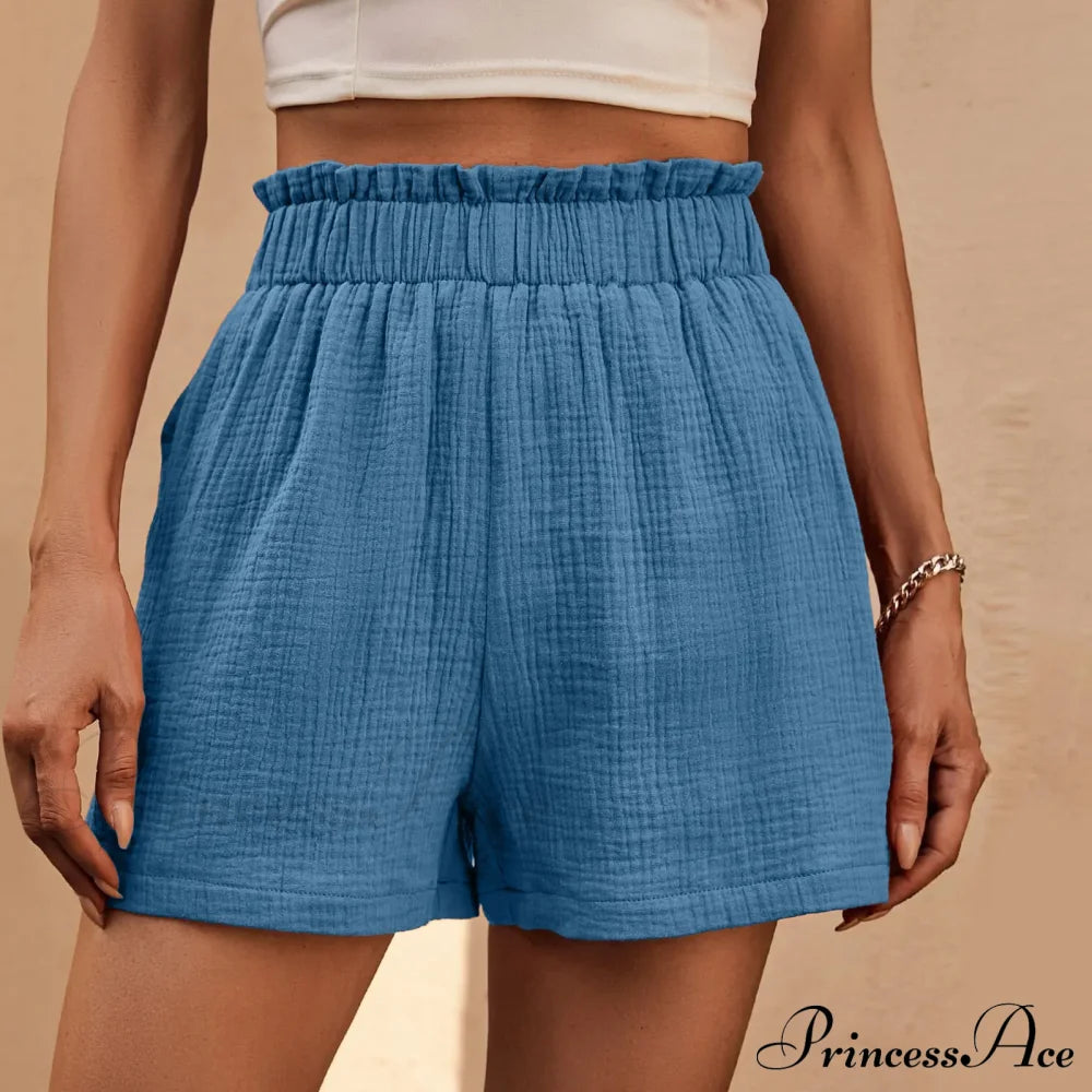 Cotton Double Layered Pleats Hem Straight Leg High Waist Sports Short Sky Blue / S