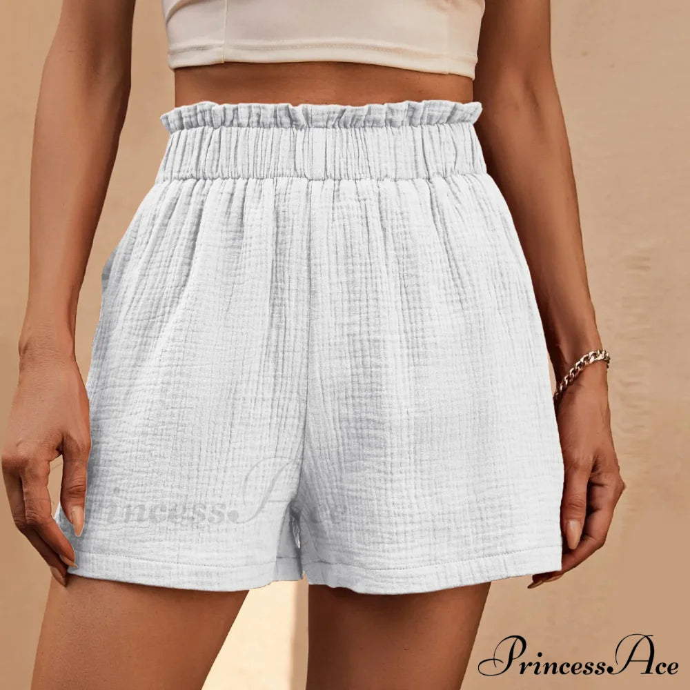 Cotton Double Layered Pleats Hem Straight Leg High Waist Sports Short White / S