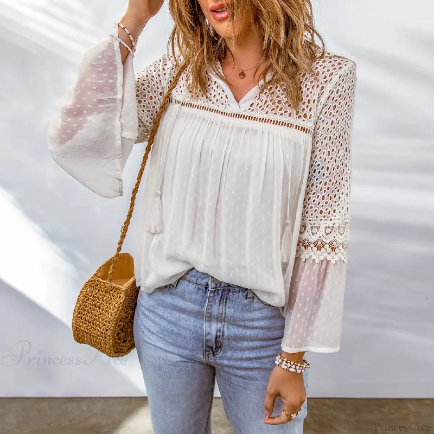 Cotton Embroidery Tassel Splicing Chiffon Boho Blouse bohoblouse-250126