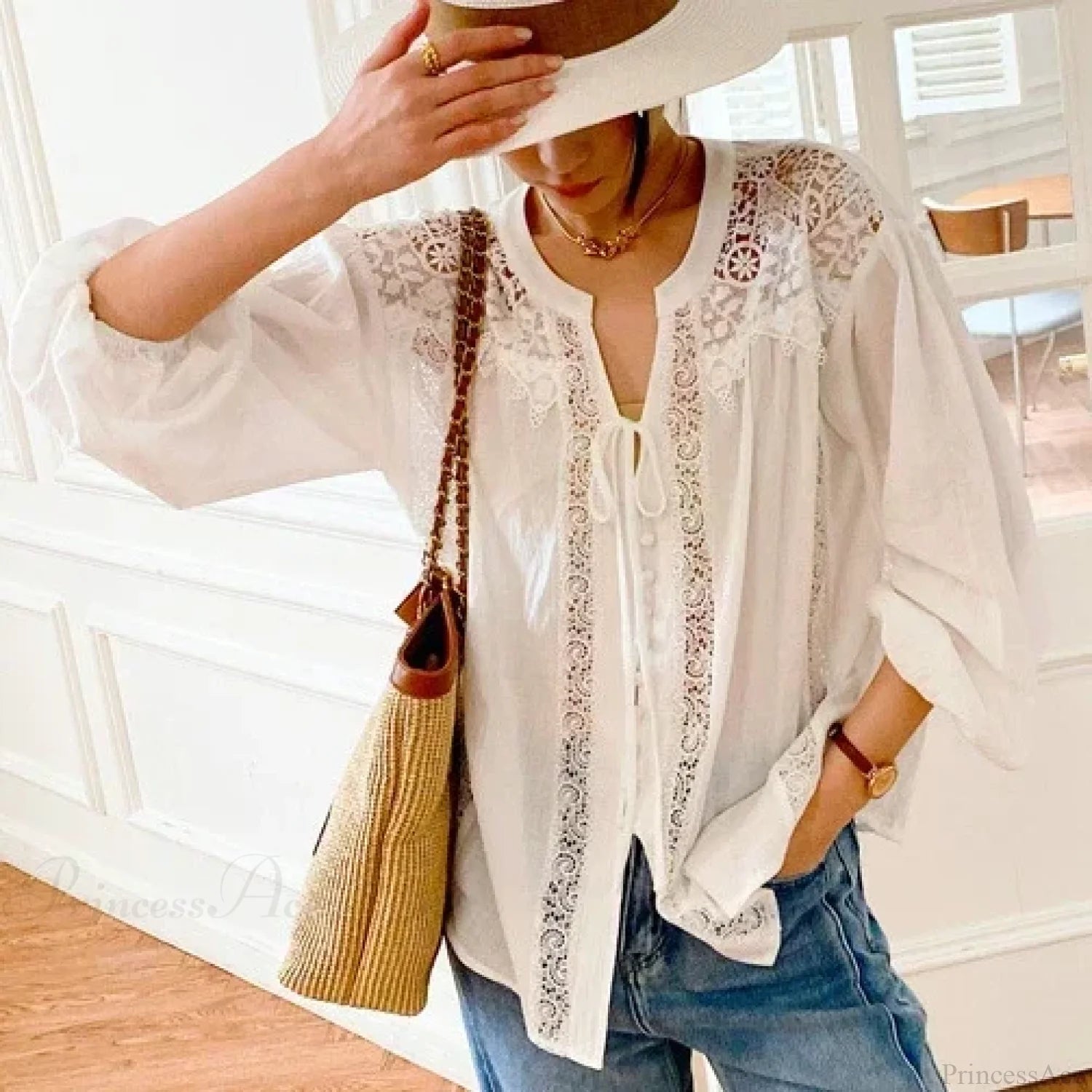 Cotton Floral Embroidery White Lace V-Neck Boho Blouse WHITE5 / S bohoblouse-250126