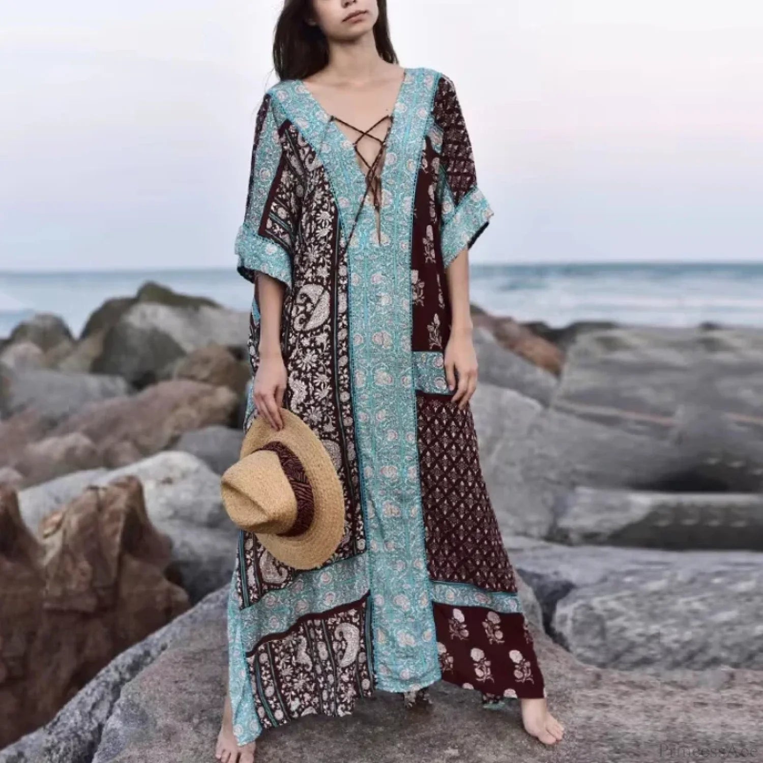 Cotton Floral Print Smock Frock Boho Cover up as picture show / One Size bohocoverup-250126