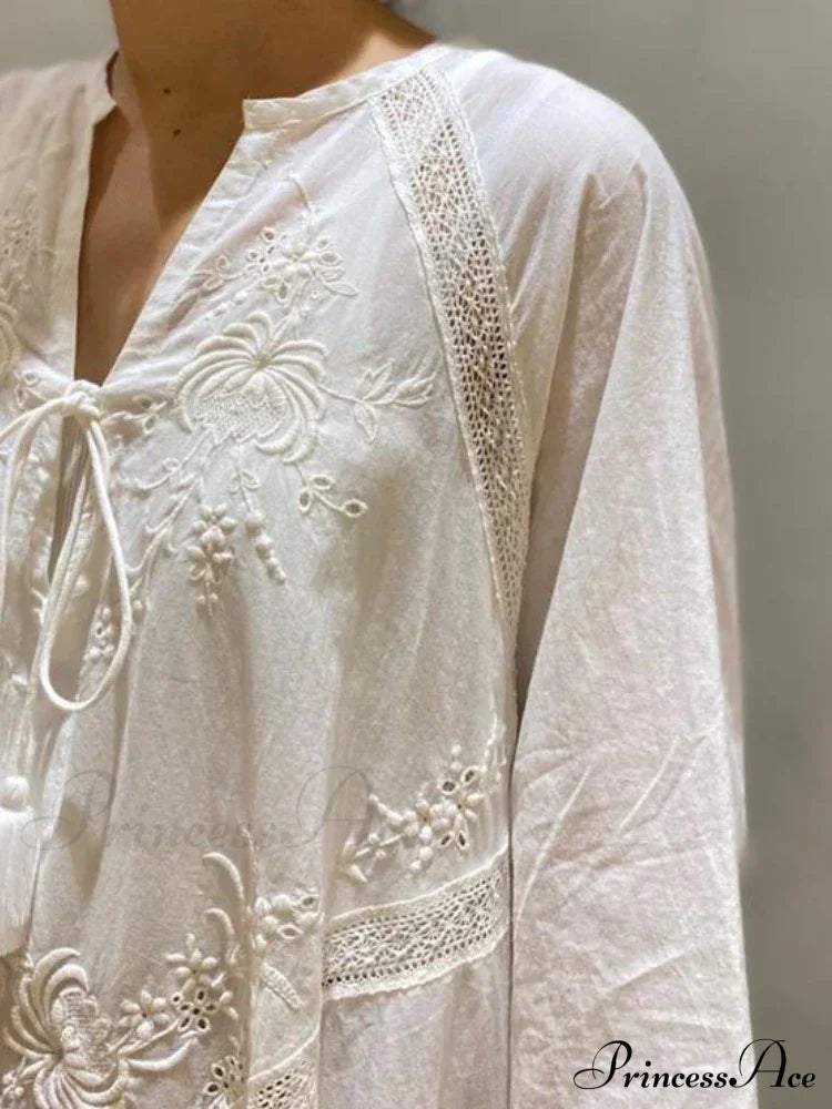 Cotton Linen Beach White V Neck Embroidered Boho Dress