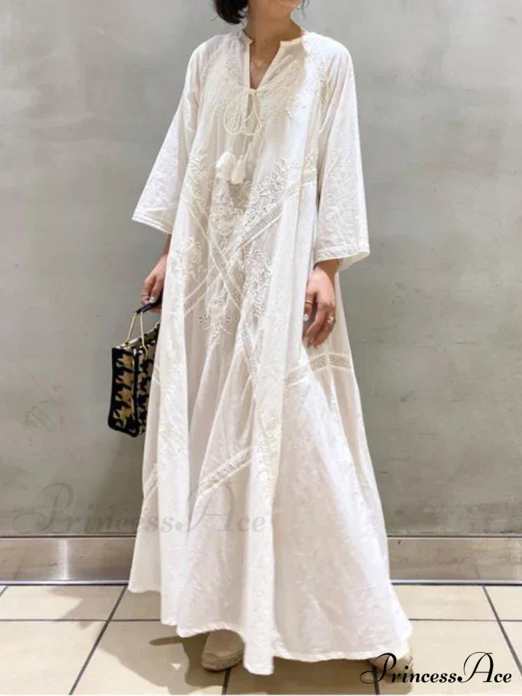 Cotton Linen Beach White V Neck Embroidered Boho Dress