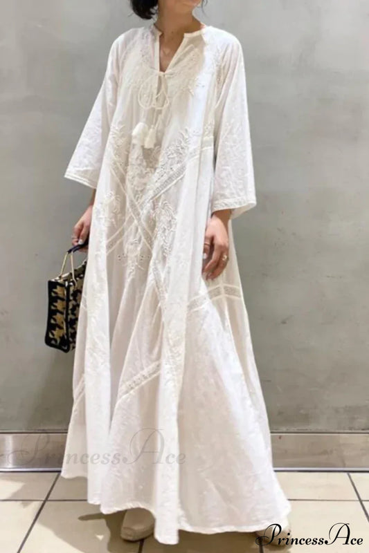 Cotton Linen Beach White V Neck Embroidered Boho Dress / One Size