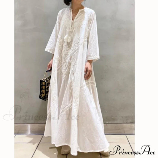 Cotton Linen Beach White V Neck Embroidered Boho Dress / One Size