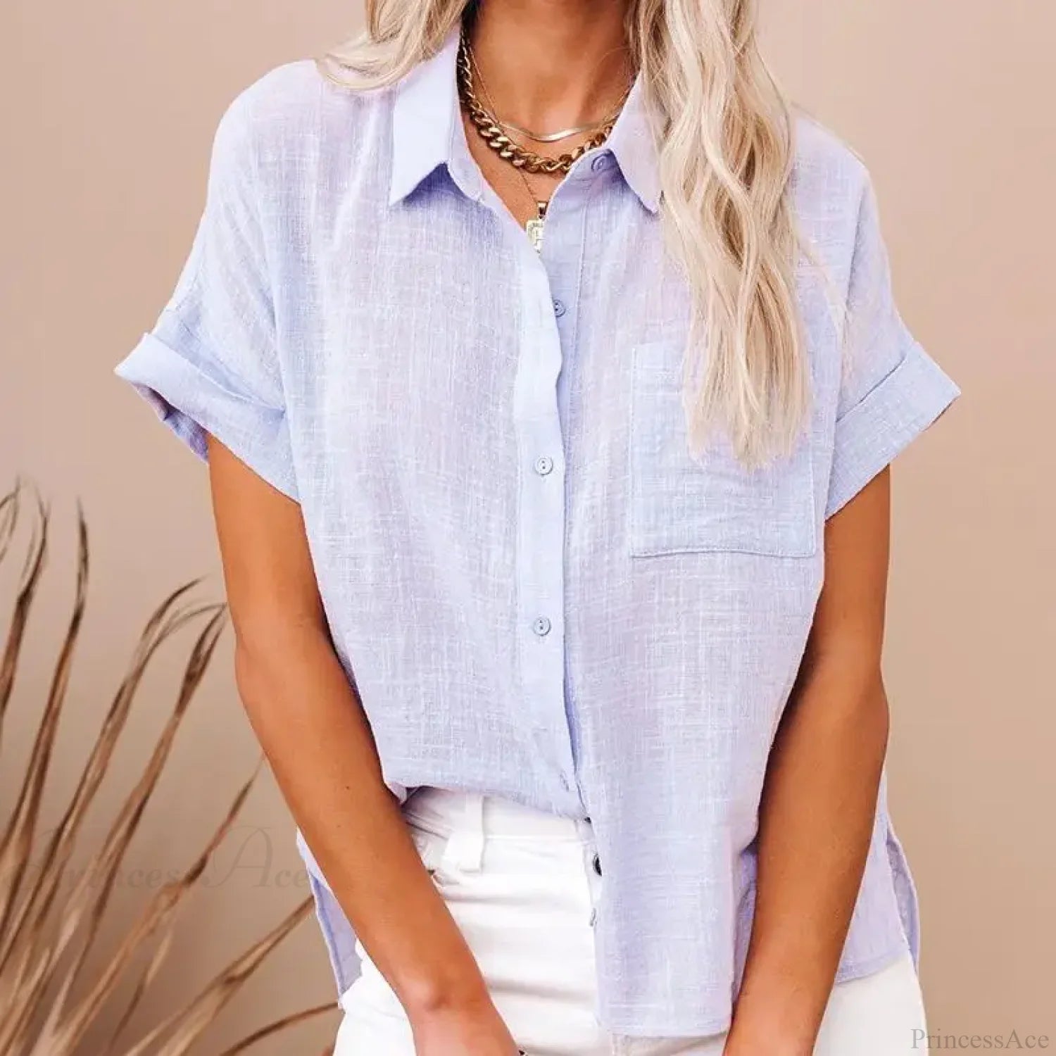 Cotton Linen Casual Short Sleeve Elegant Blouse blouse-250126