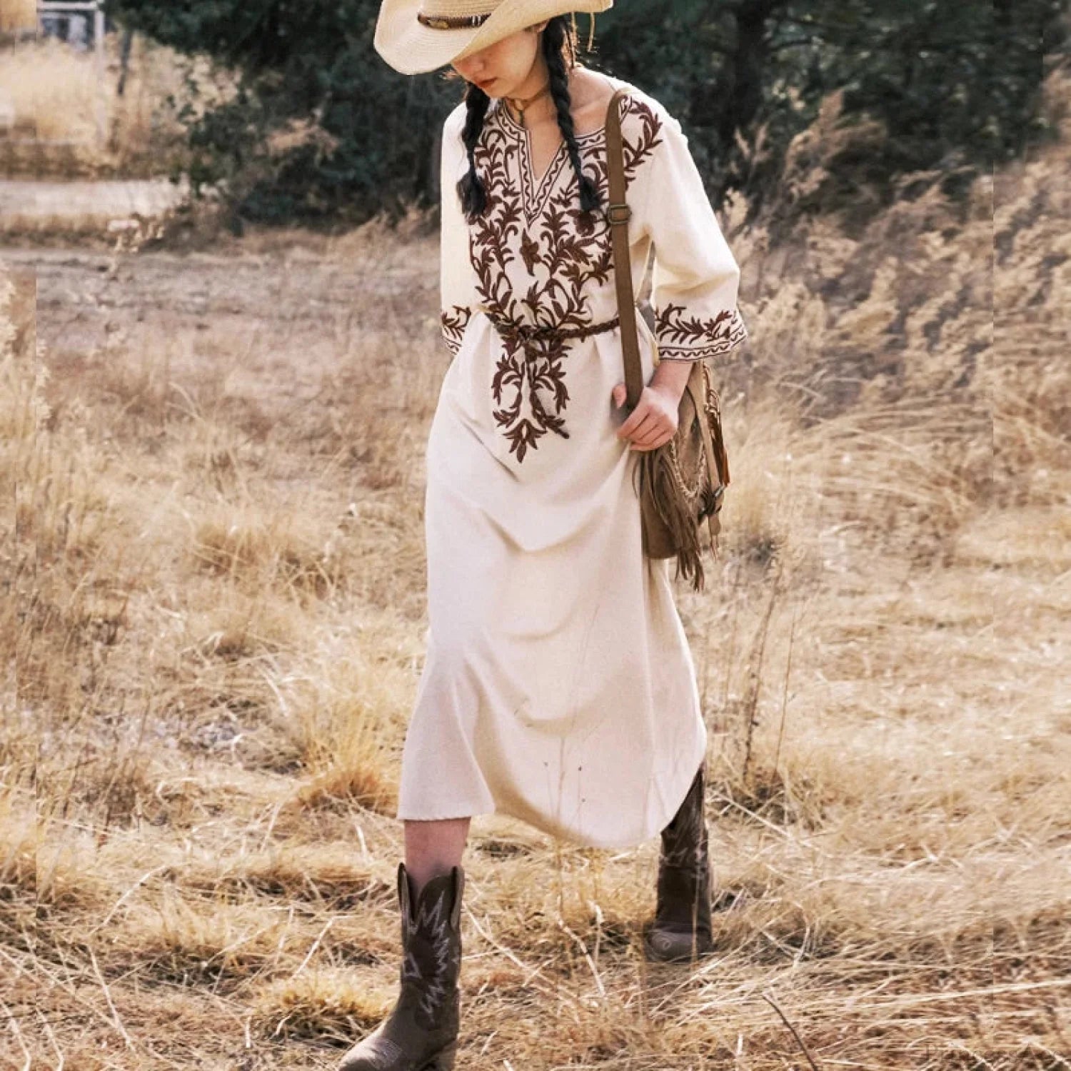Cotton Linen Floral Boho Dress Beige / M bohodress-250126