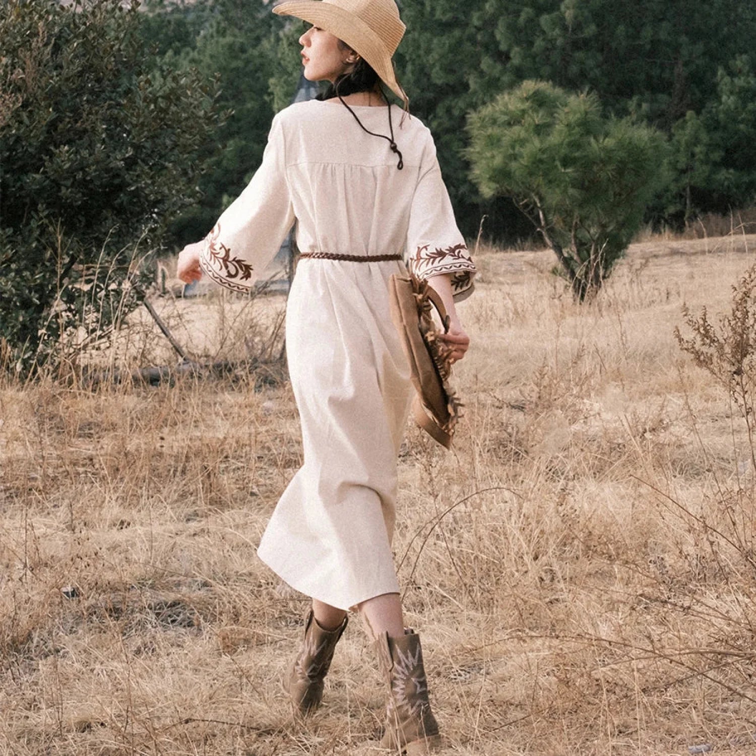 Cotton Linen Floral Boho Dress bohodress-250126