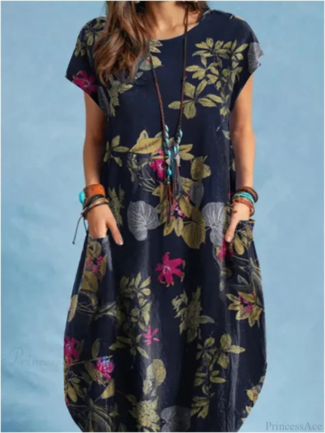 Cotton Linen Loose O-neck Floral Dress Dark blue / S oldfloraldress-250126