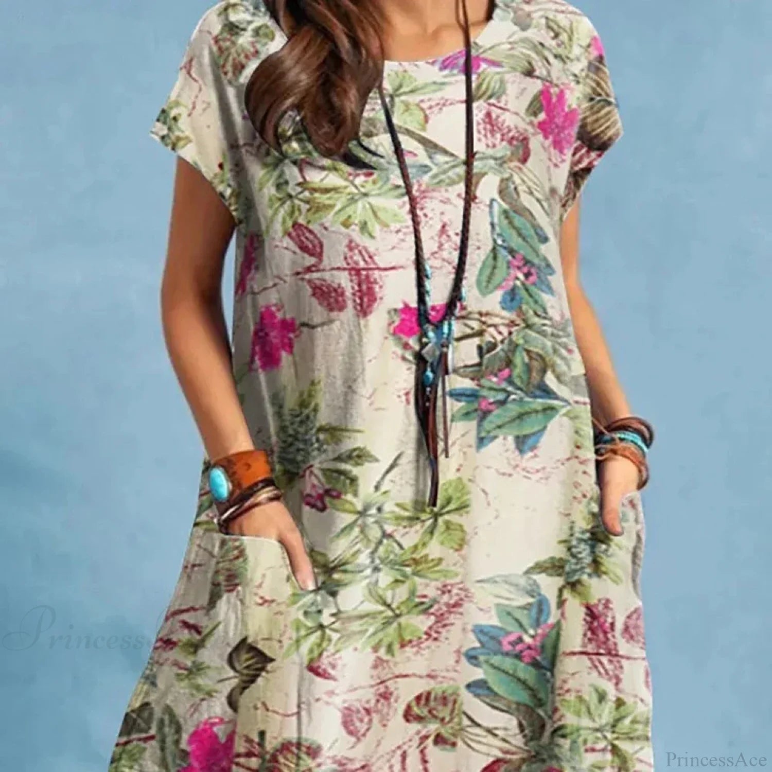 Cotton Linen Loose O-neck Floral Dress oldfloraldress-250126