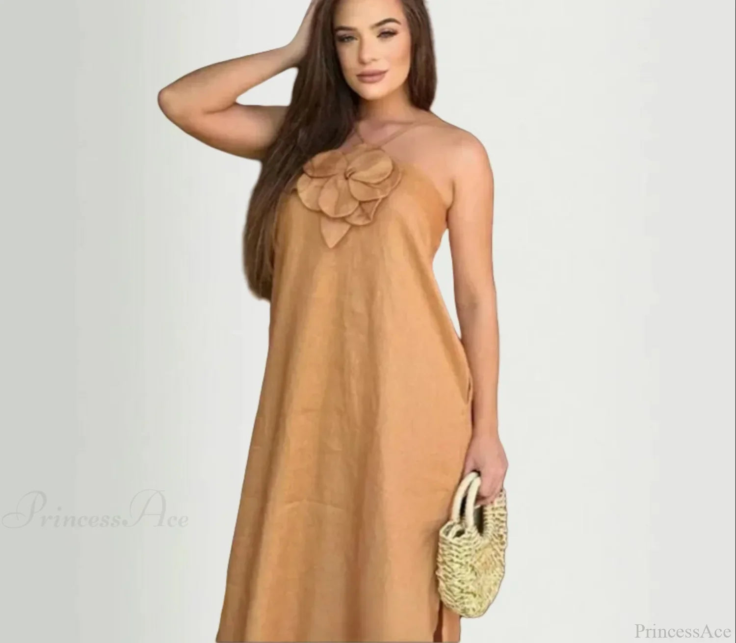 Cotton Linen Split 3D Flower Solid Sling Maxi Dress Khaki / S floraldress-250126