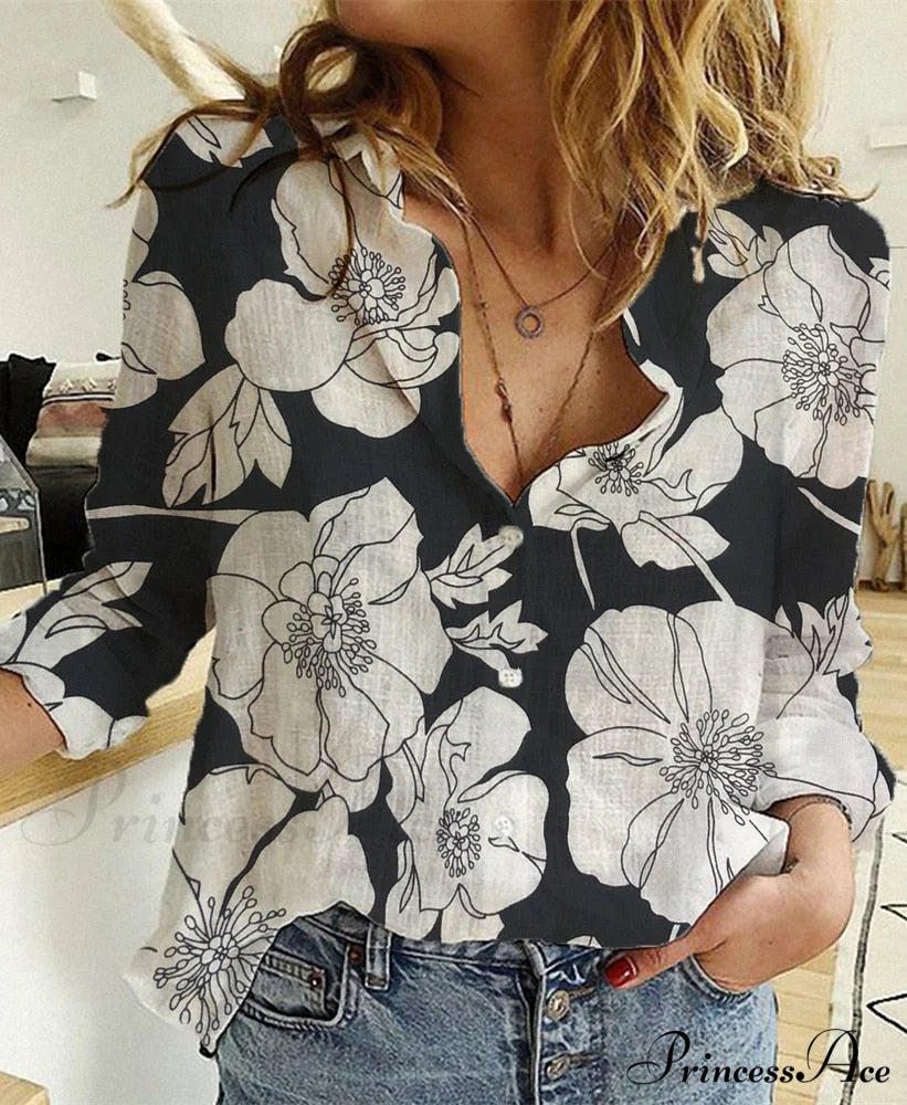 Cotton Linen Vintage Flower Print Blouse Black Flower / S