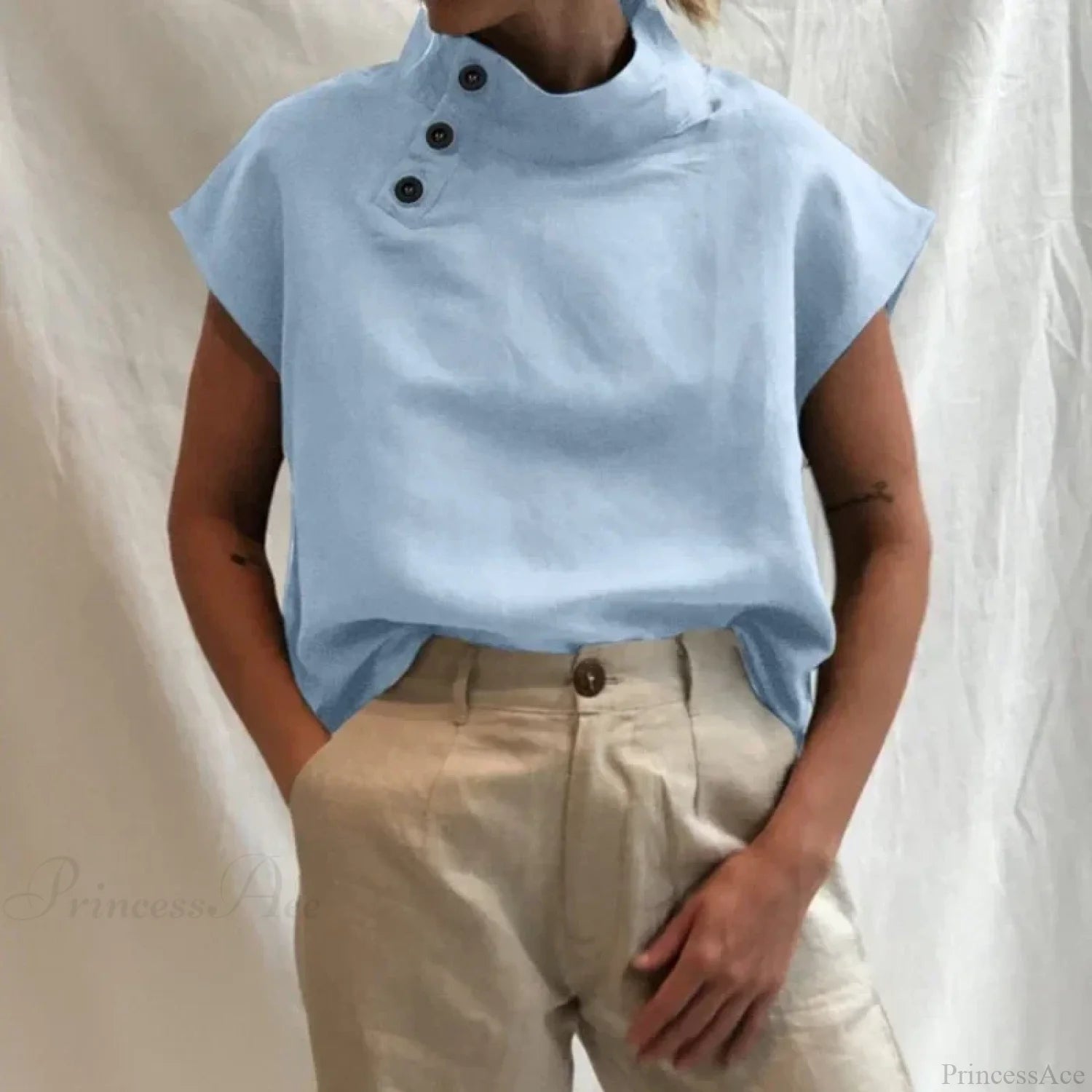 Cotton Loose White Blouse Summer Blouse Malachite Blue / S blouse-250126