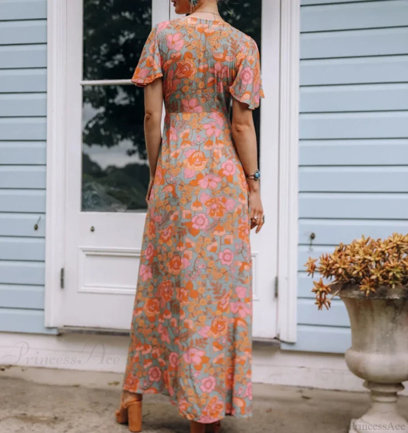 Cotton Orange Floral Boho Dress bohodress-250126