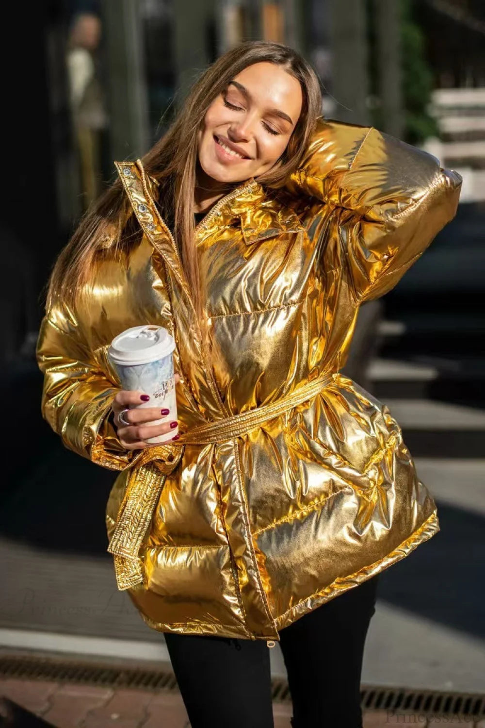 Cotton Padded Metallic Color Belt Pocket Coat Gold / S