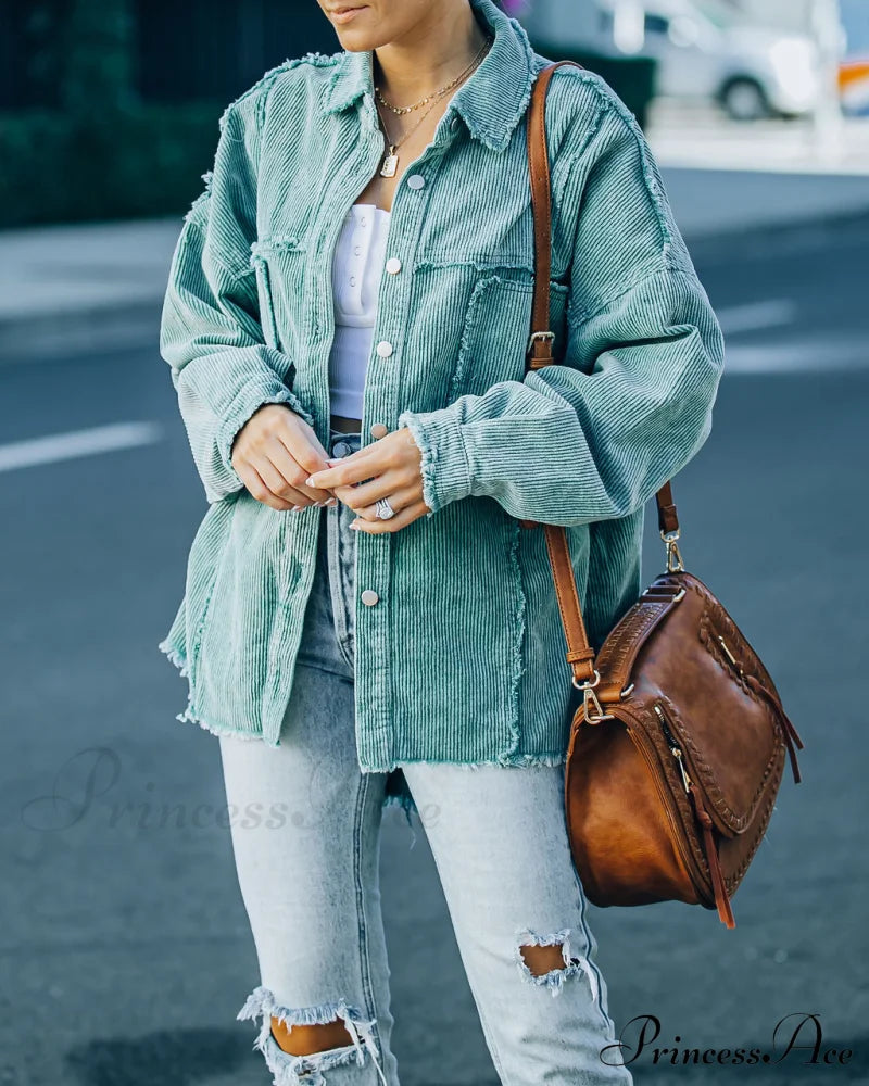 Cotton Pocketed Corduroy Shacket - Seafoam Coats-L