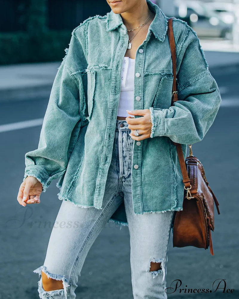 Cotton Pocketed Corduroy Shacket - Seafoam Coats-L