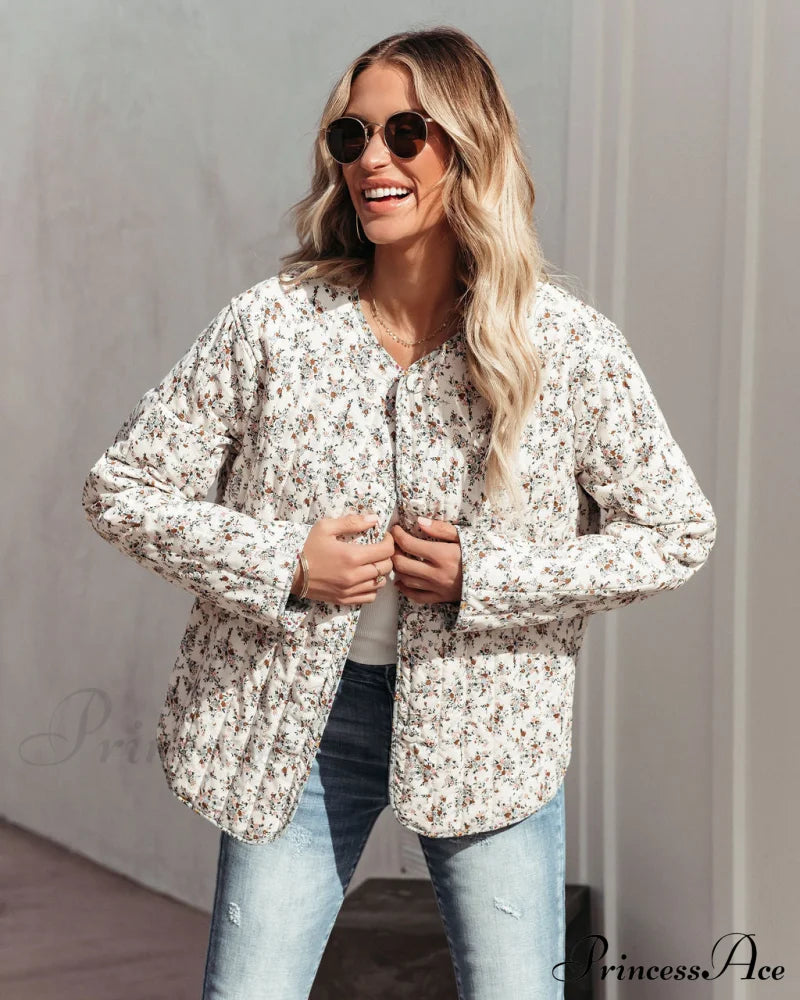 Cotton Pocketed Quilted Jacket - Cream Coats-L