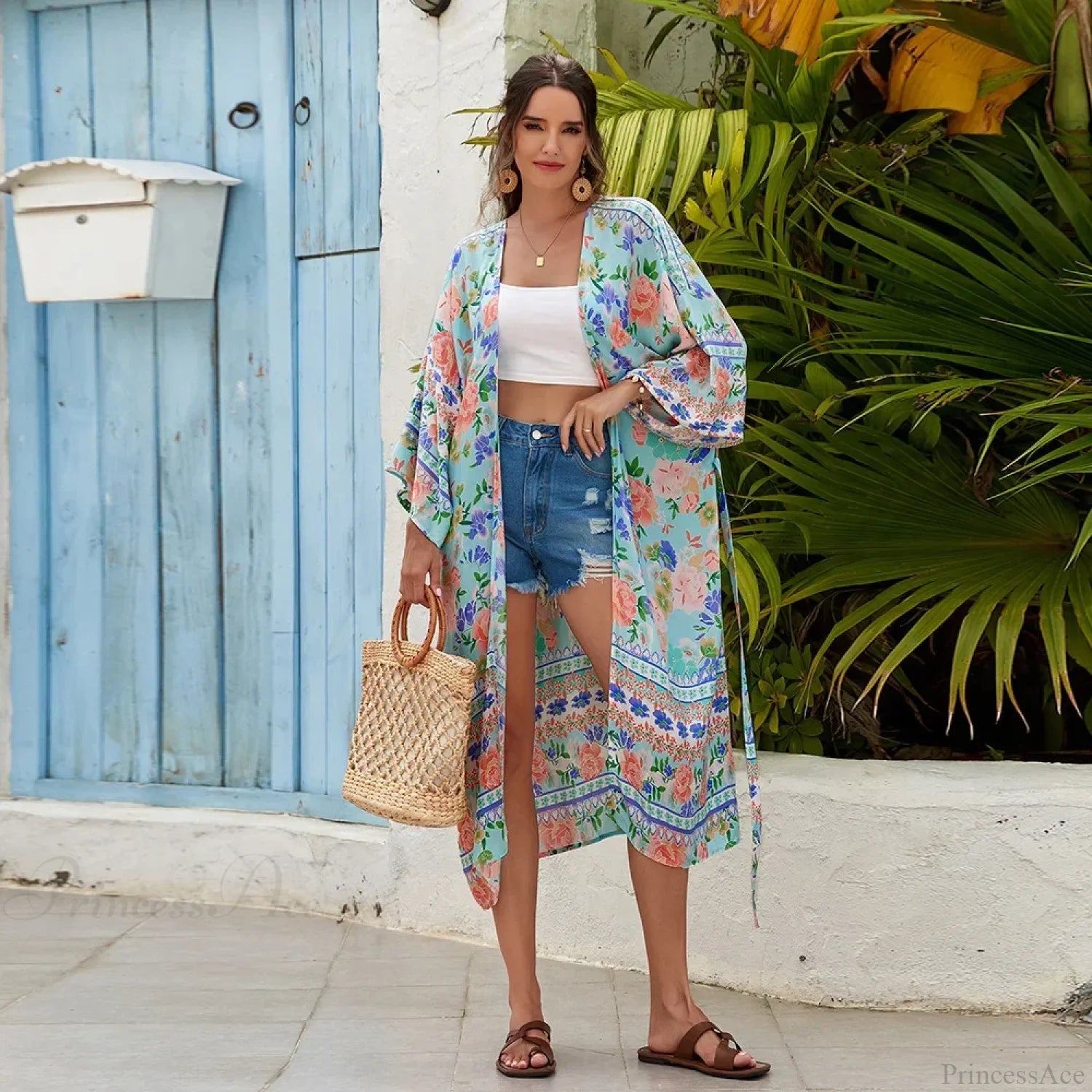 Cotton Rayon Floral Print Long Sleeve Boho Cover up bohocoverup-250126