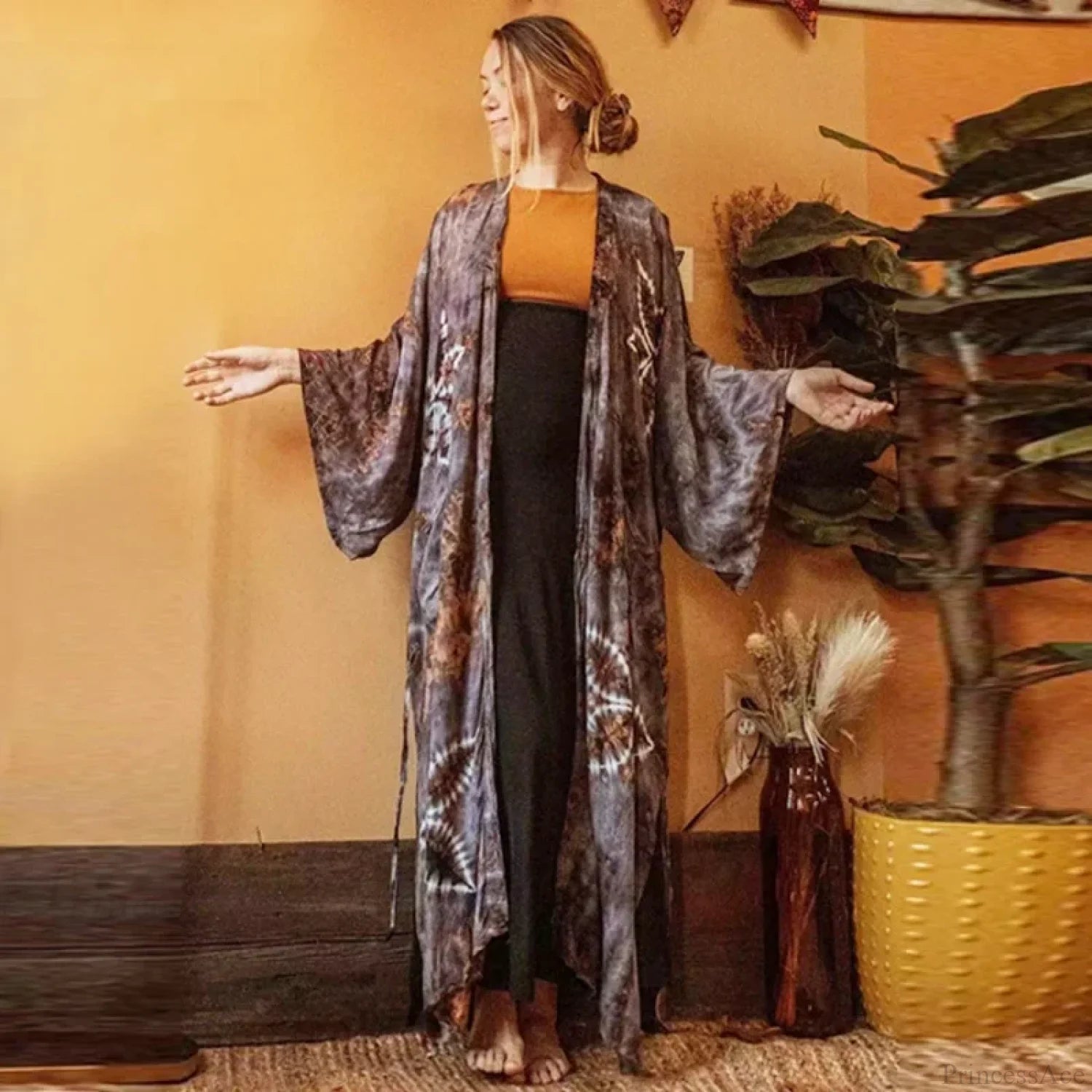 Cotton Rayon Floral Printed Boho Maxi Beach Cover up Dark Grey / One Size bohocoverup-250126