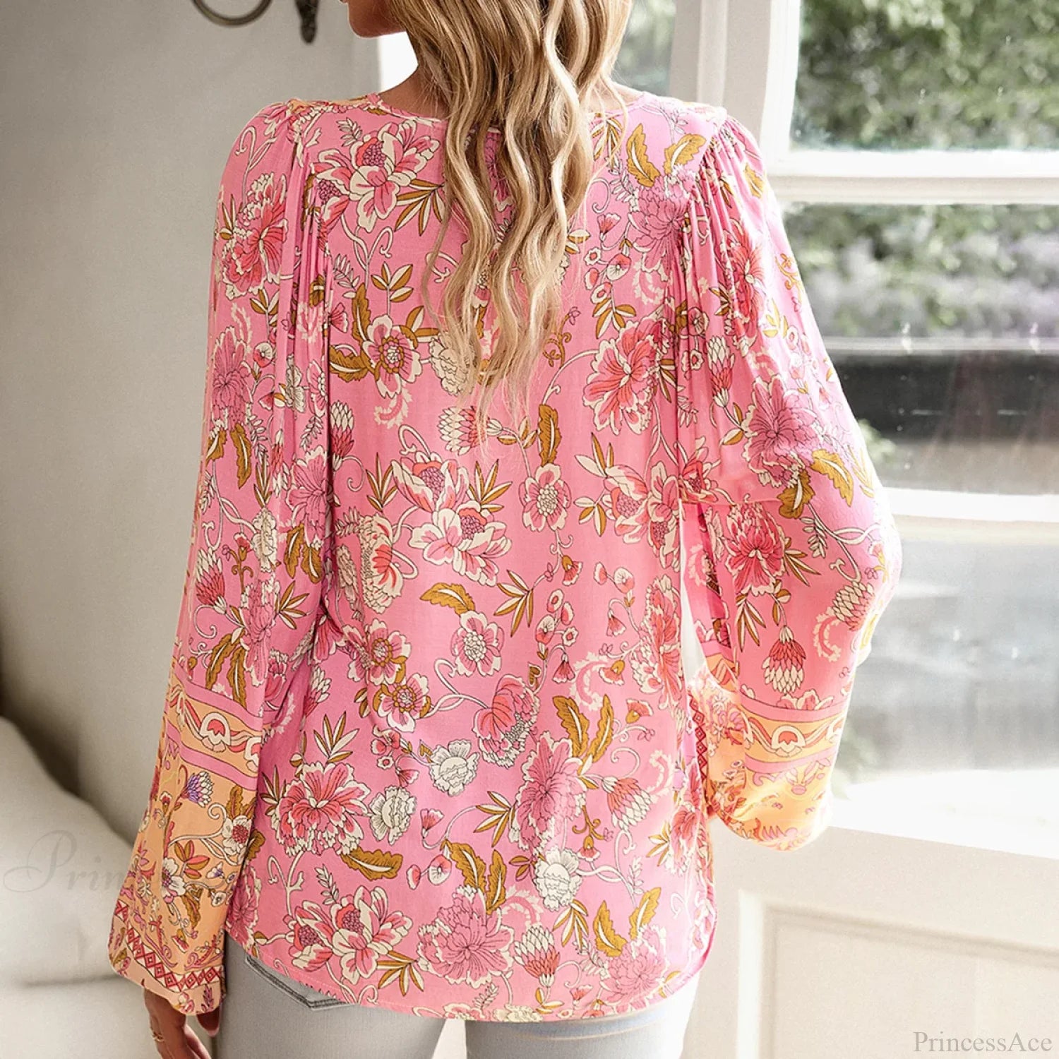 Cotton Rayon Floral Printed Long Sleeve Beach Boho Blouse bohoblouse-250126