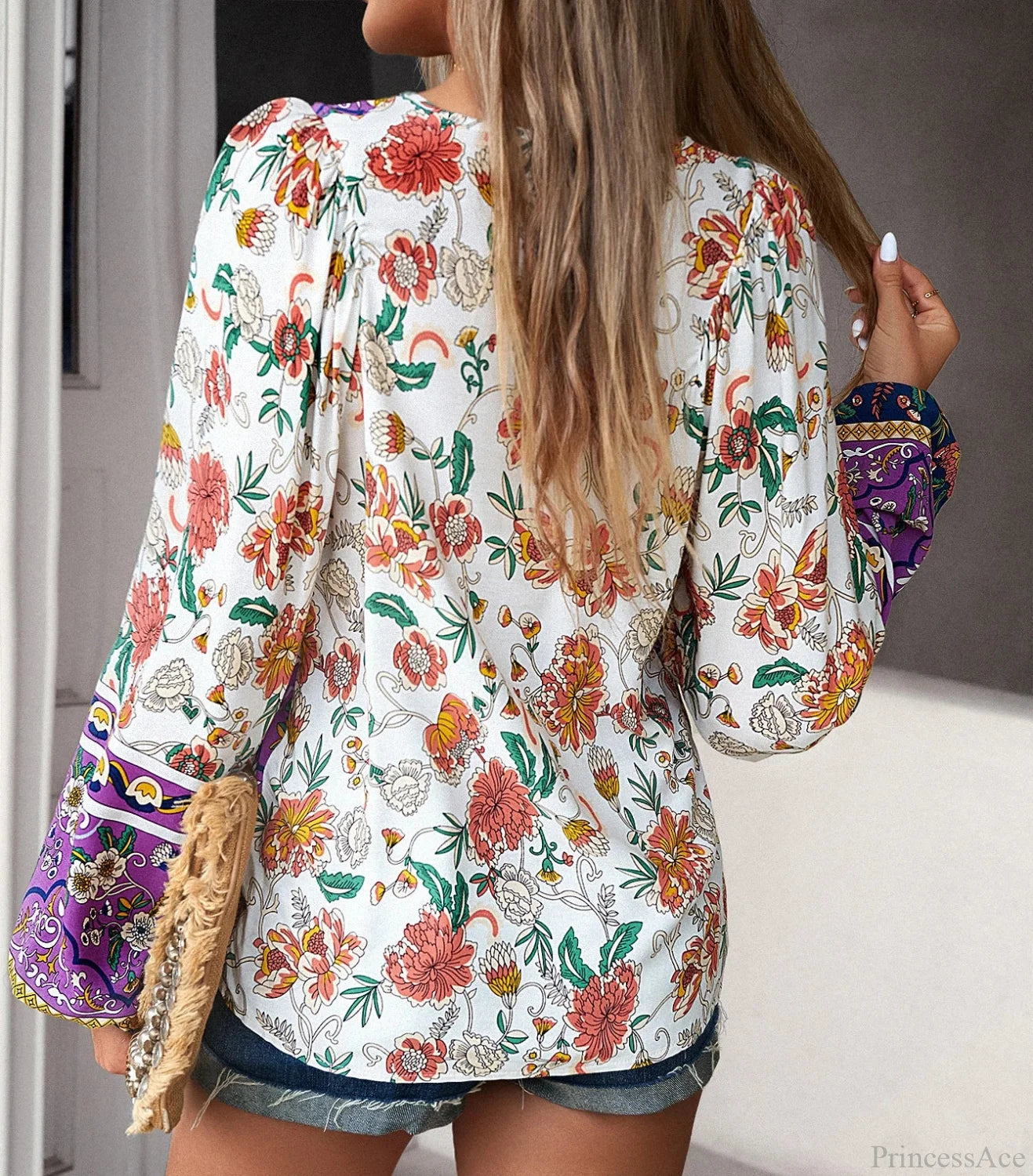 Cotton Rayon Floral Printed Long Sleeve Beach Boho Blouse bohoblouse-250126