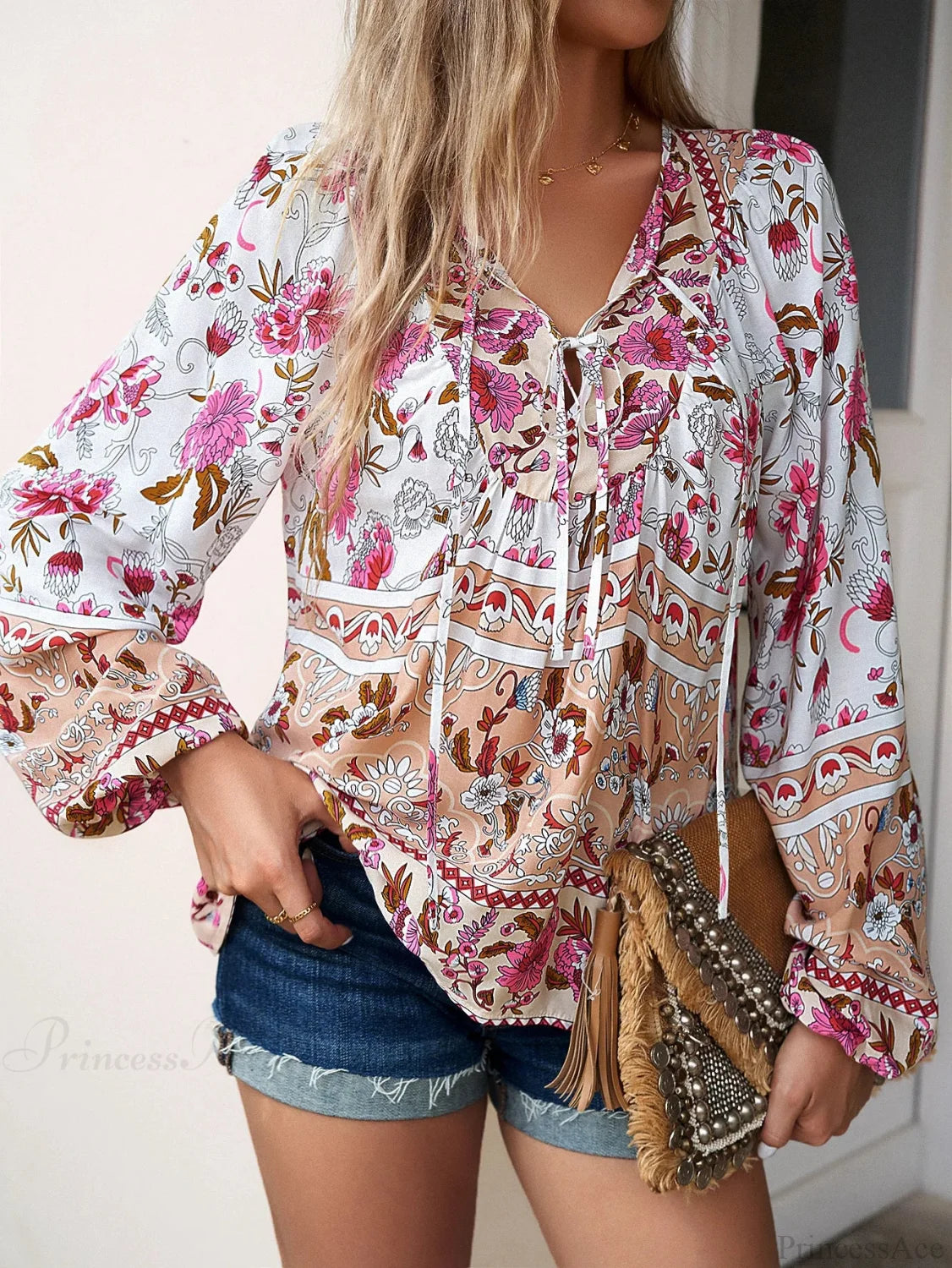 Cotton Rayon Floral Printed Long Sleeve Beach Boho Blouse White / S bohoblouse-250126