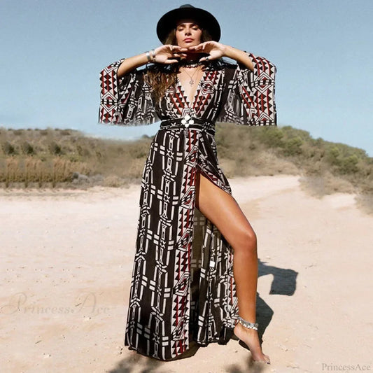 Cotton Rayon Kimono Robe Bikini Cover-up Dark Brown / One Size bohodress-250126