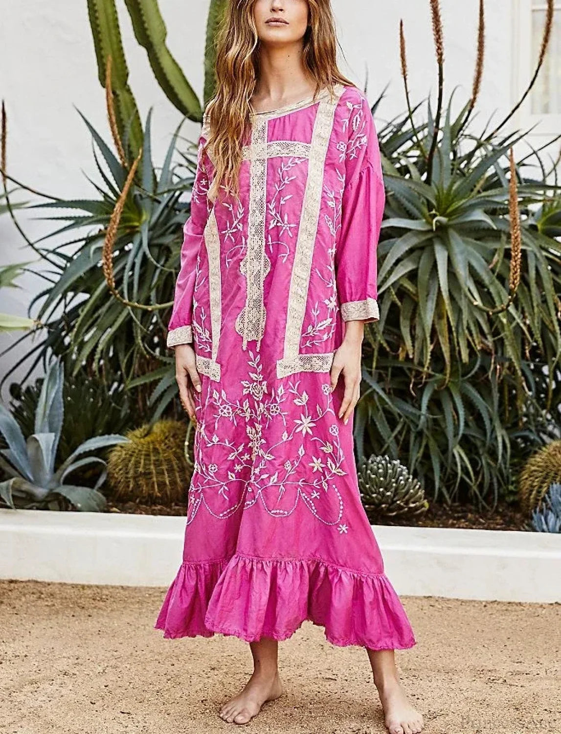 Cotton Rayon Long Sleeve Boho Dress Rose red / S bohodress-250126