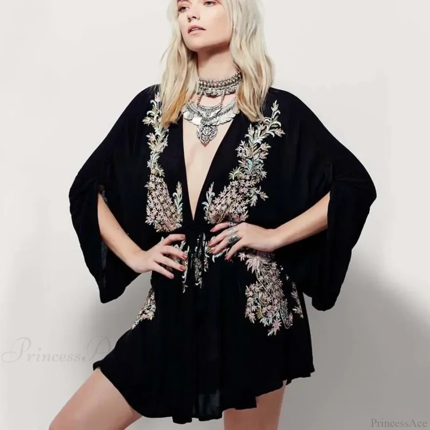 Cotton Rayon Purple Floral Embroidery Boho Dress Black / S bohodress-250126