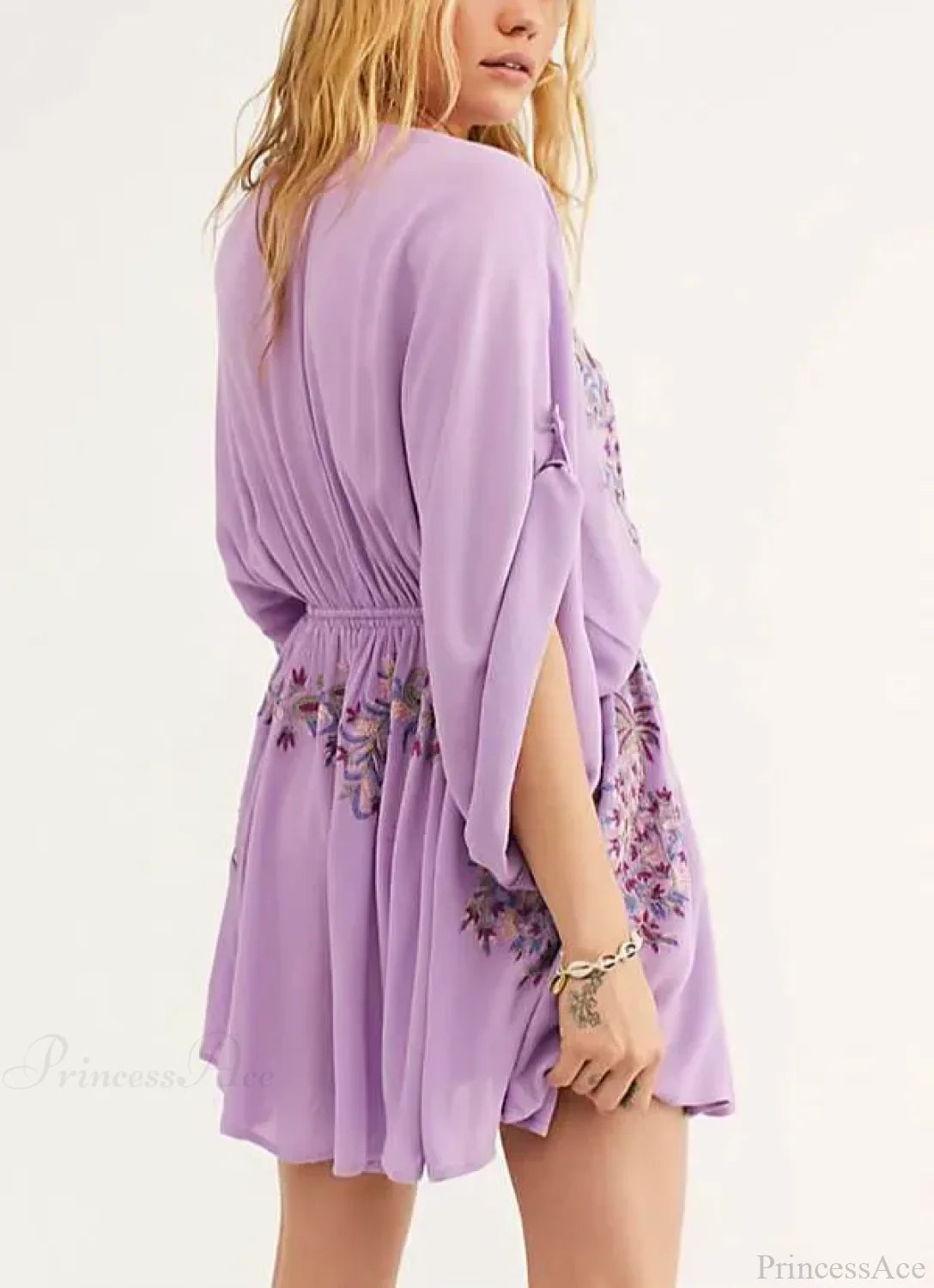 Cotton Rayon Purple Floral Embroidery Boho Dress bohodress-250126