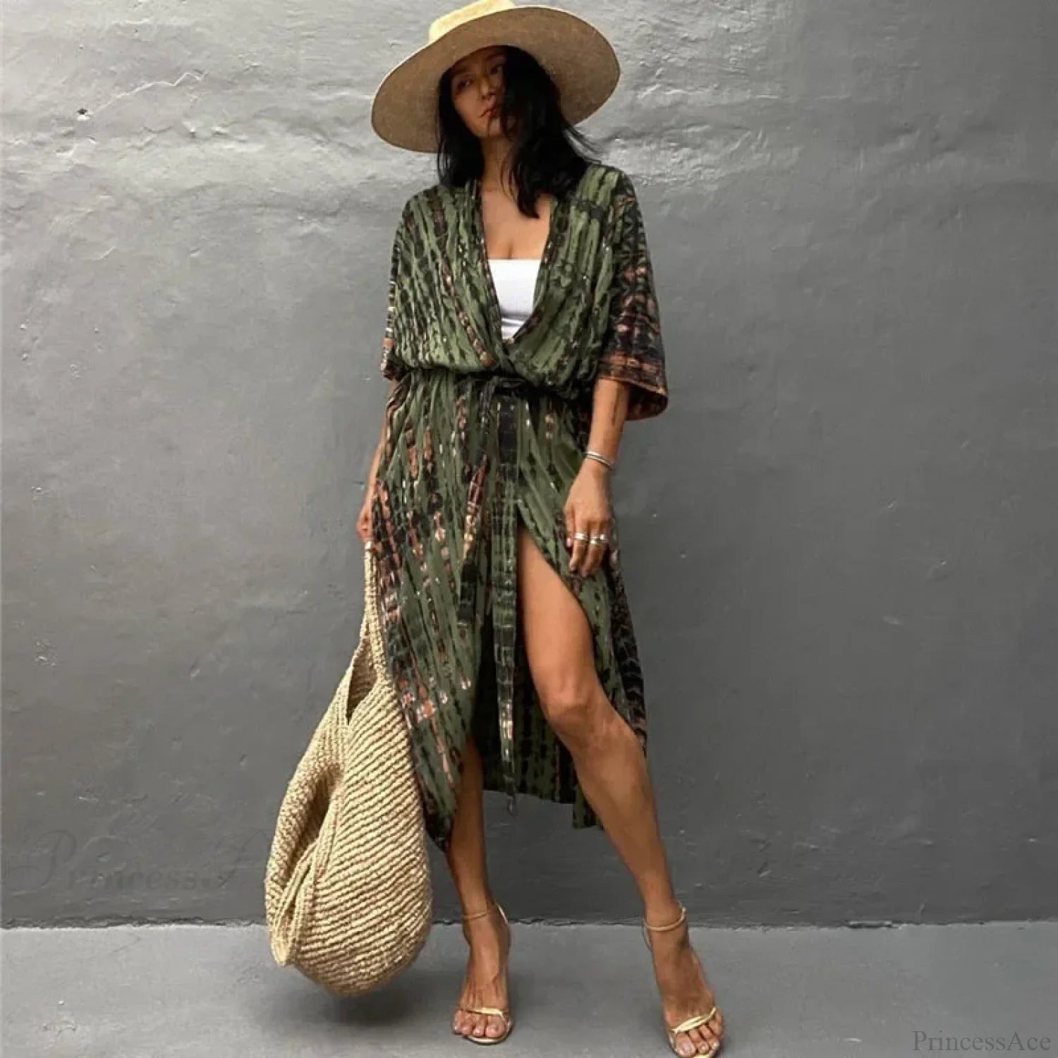 Cotton Rayon Striped Print Cardigan Boho Beach Cover up Army green / One Size bohocoverup-250126