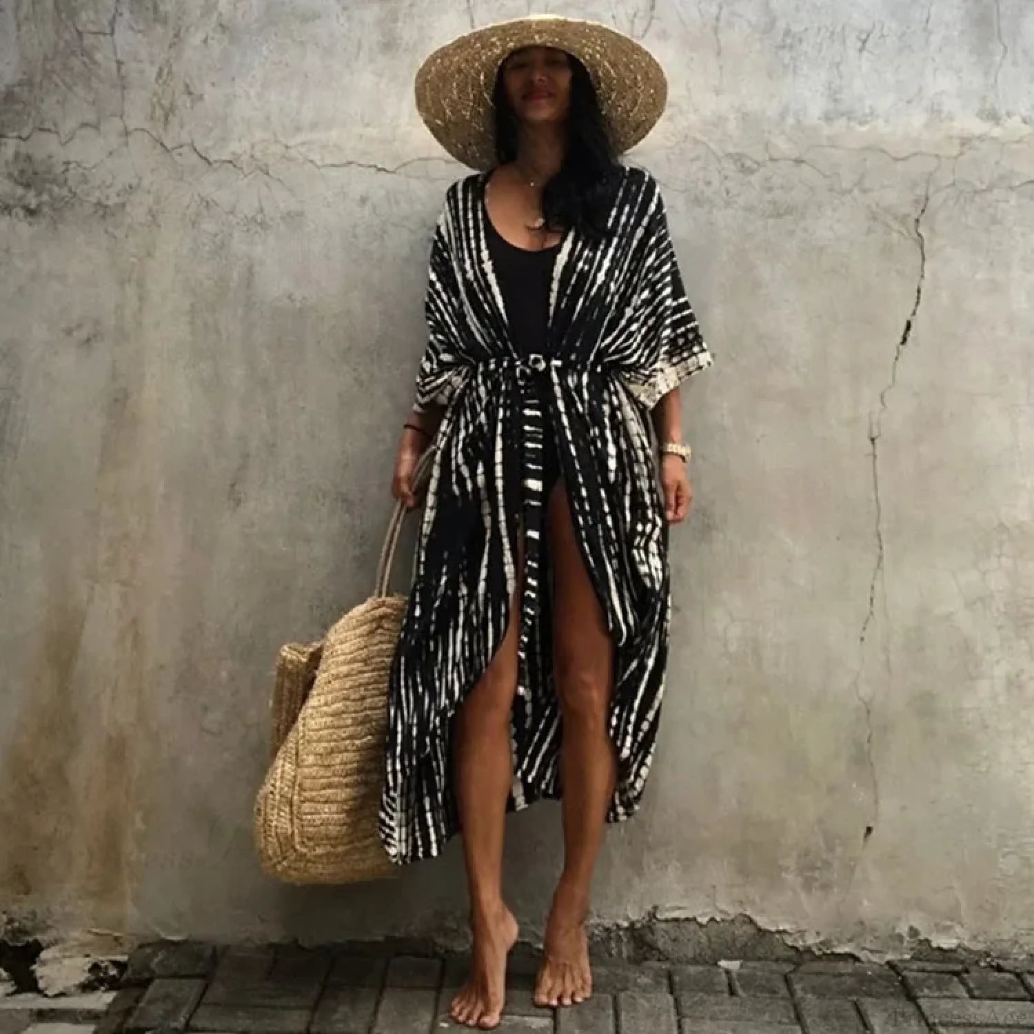 Cotton Rayon Striped Print Cardigan Boho Beach Cover up Black white / One Size bohocoverup-250126