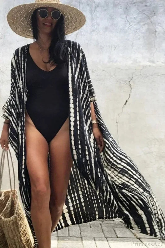 Cotton Rayon Tie-Dye Stripes Boho Kimono Cover up Black-White / One Size bohocoverup-250126
