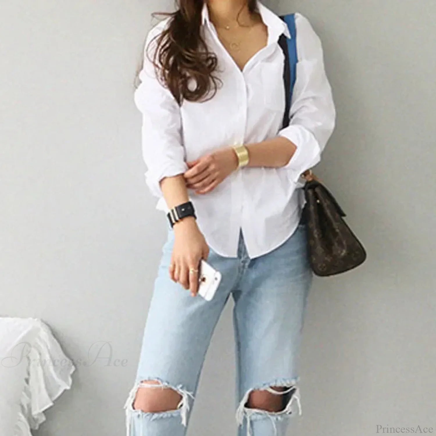 Cotton White Long Sleeve Casual Ladies Blouse blouse-250126