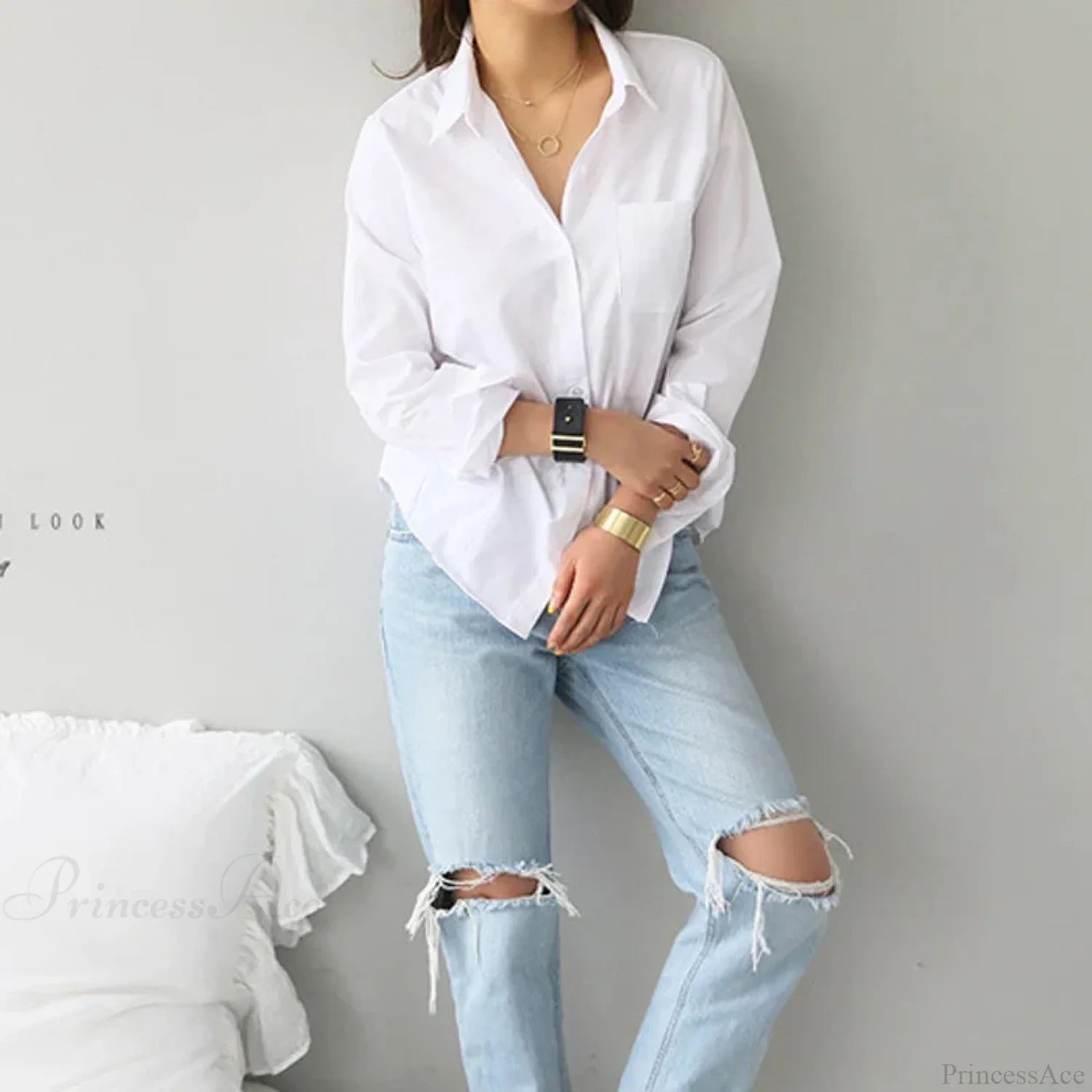 Cotton White Long Sleeve Casual Ladies Blouse blouse-250126