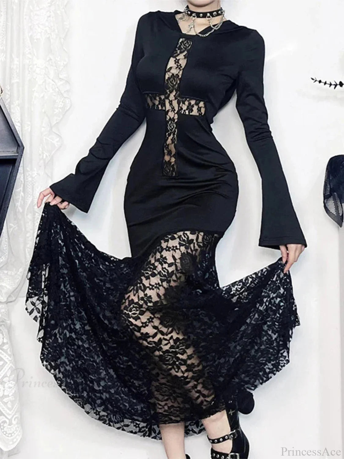 Covered Lace Cross Hollow Full-Length Dress Black / XS