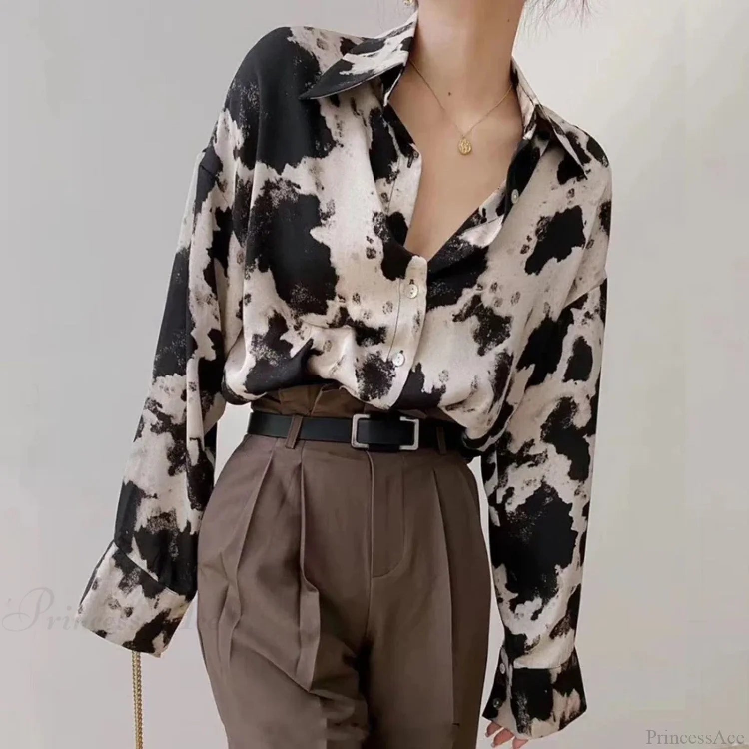 Cow Print Button Up Long Sleeve Blouse blouse-250223