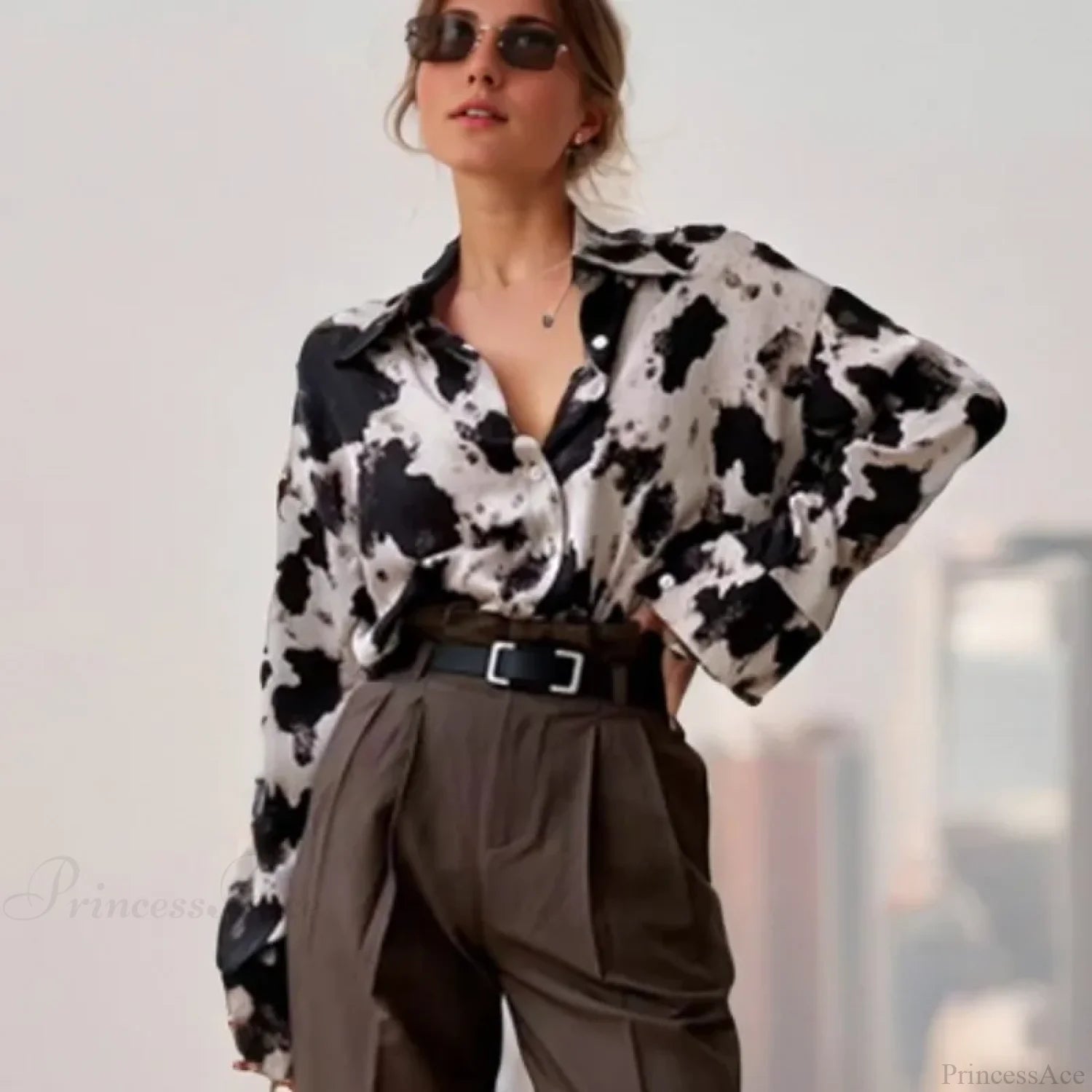 Cow Print Button Up Long Sleeve Blouse blouse-250223