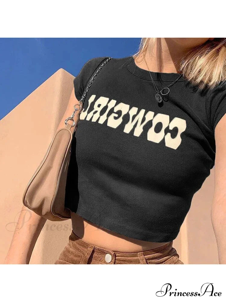 Cowgirl Print Casual Streetwear Short Sleeve Crop Top