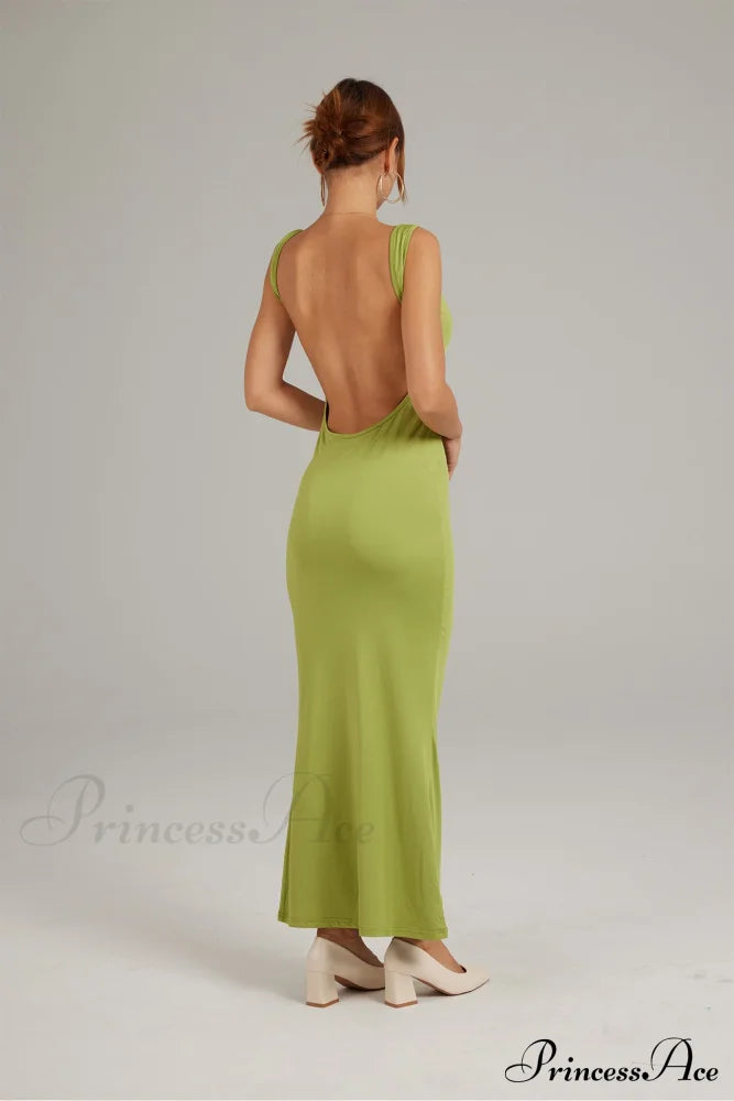 Cowl Neck Backless Pack Hip Dress In Solid Color Green / L Maxi Dresses