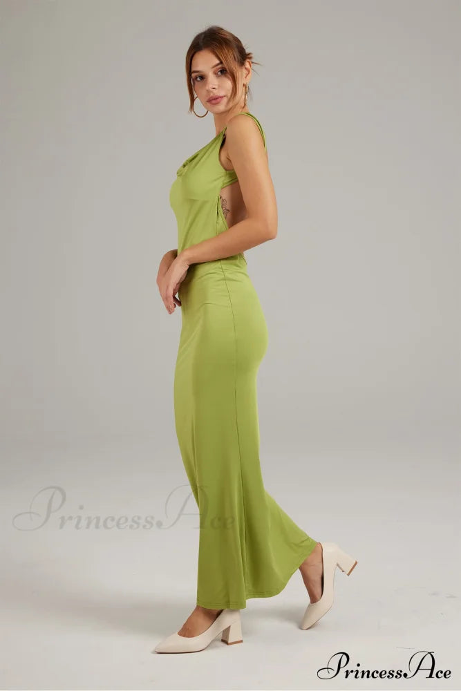 Cowl Neck Backless Pack Hip Dress In Solid Color Green / M Maxi Dresses