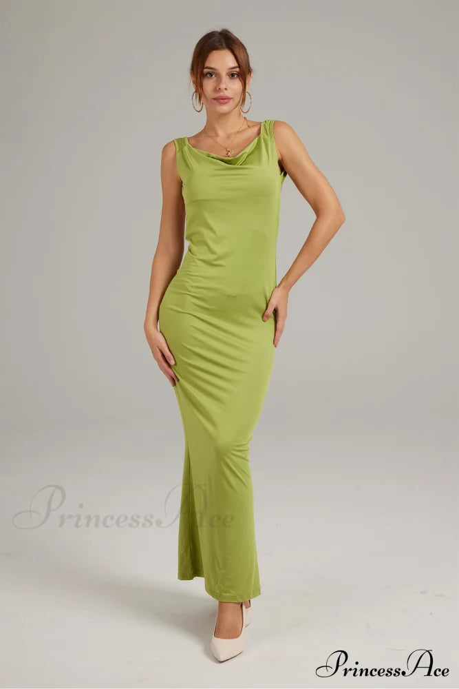 Cowl Neck Backless Pack Hip Dress In Solid Color Green / S Maxi Dresses