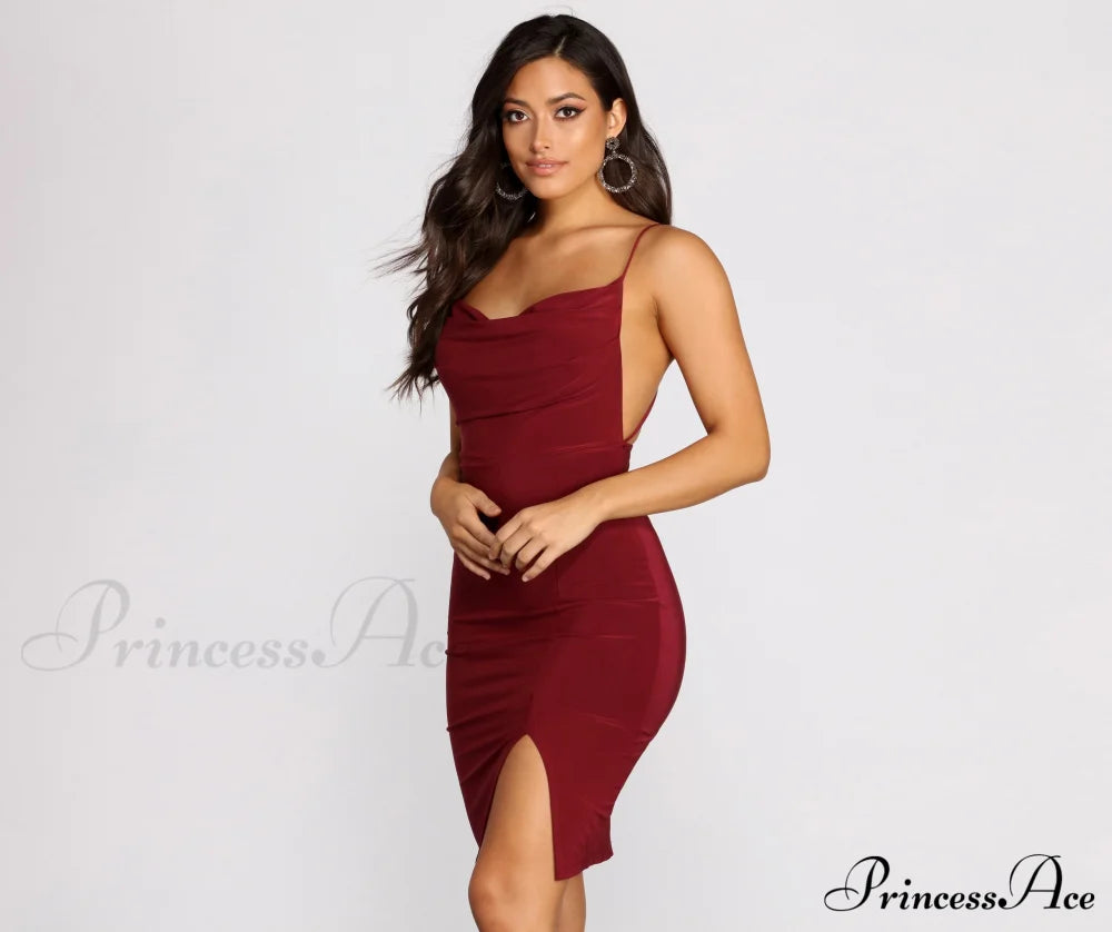 Cowl Neck Front Slit Midi Dress - Lady Occasions