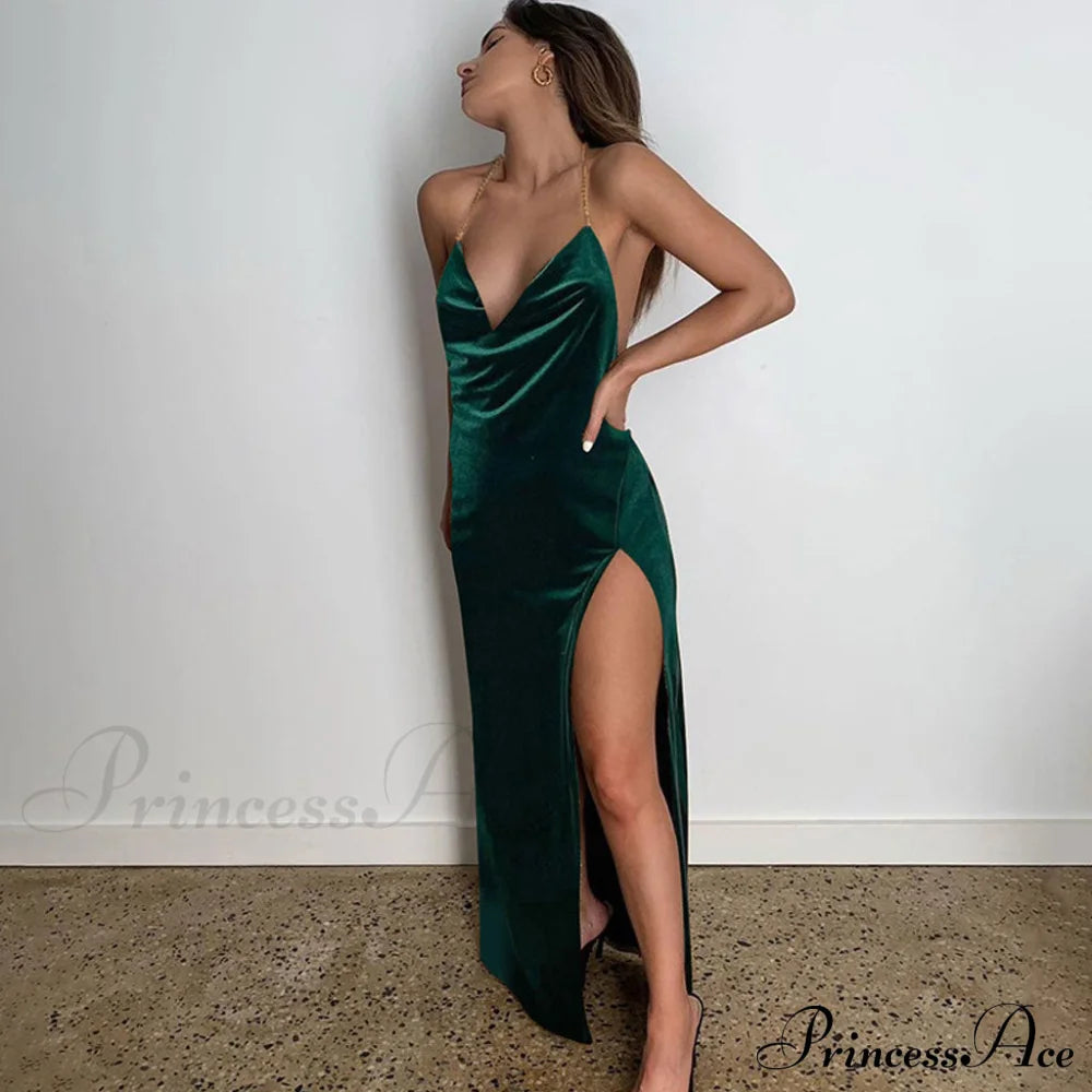 Cowl Neck High Slit Slip Classic Maxi Dress - Emerald Green L / Formal Dresses