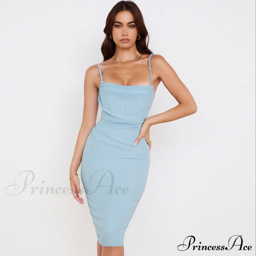 Cowl Neck Lace Panel Modern Satin Midi Dress - Black L / Baby Blue Party Dresses-L