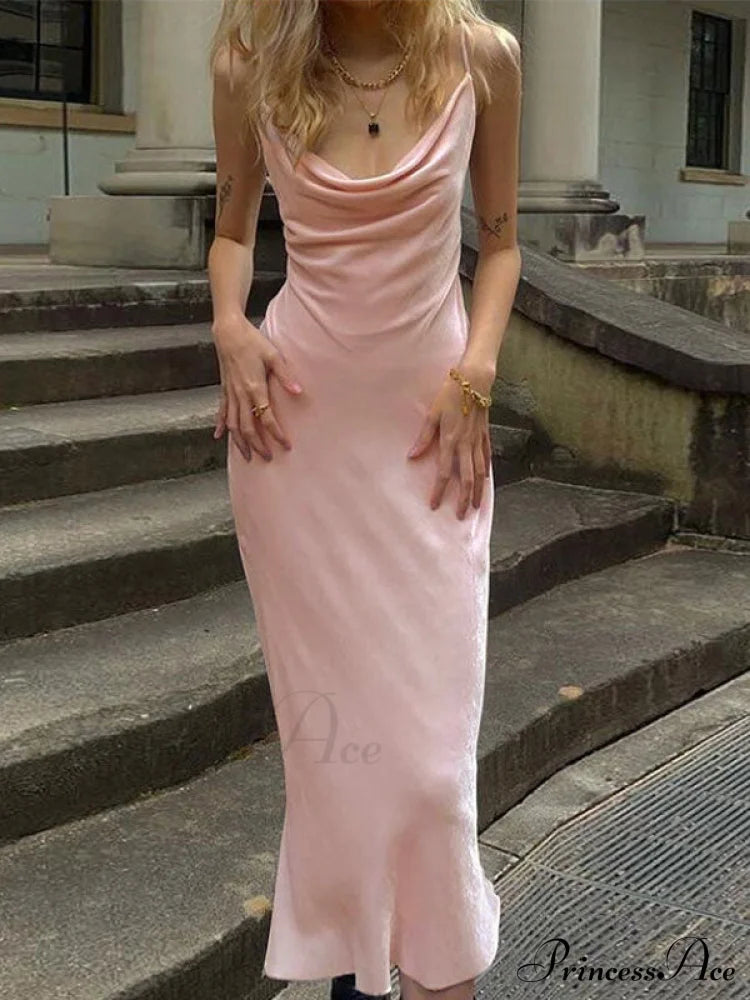 Cowl Neck Side Trendy Split Maxi Dress Pink / S Party Dresses-L