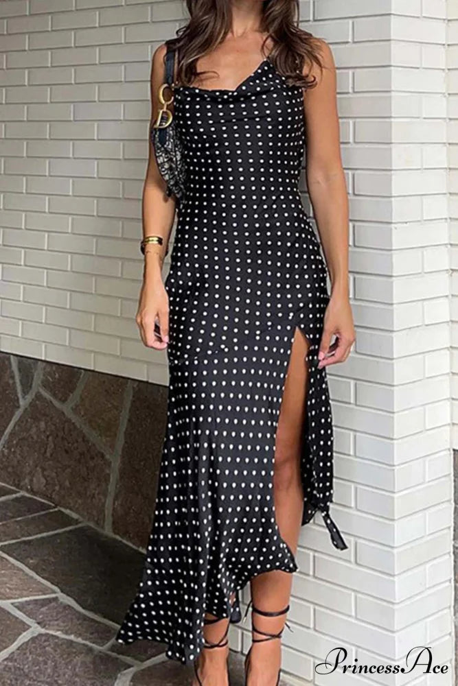 Cowl Neck Slit Dress With Polka Dots Black / M Midi Dresses